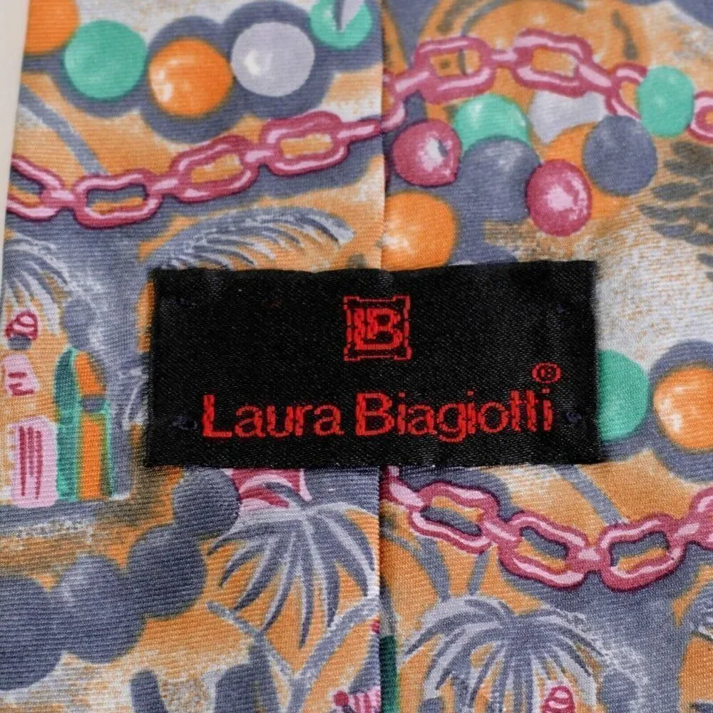 Laura Biagiotti Abstact‎ Jungle Print Orange Gray Short Wide Silk Tie